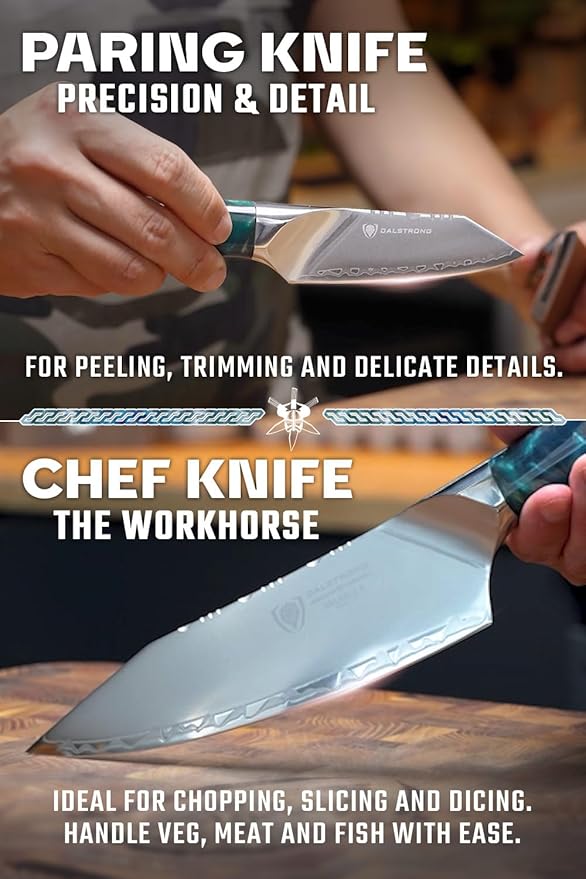 Dalstrong 2 Piece Knife Set - Chef Knife 8 inch & Paring Knife 4 inch - Valhalla Series - Premium 9CR18MOV HC Steel - Celestial Resin & Wood Handle - Razor Sharp - Essential Set - Leather Sheath